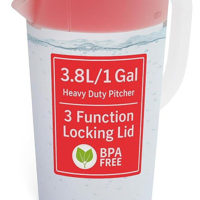 Water Pitcher with Lid 1 Gallon Pitcher, Freezer/Dishwasher Safe, BPA Free & Phthalate Free - Red