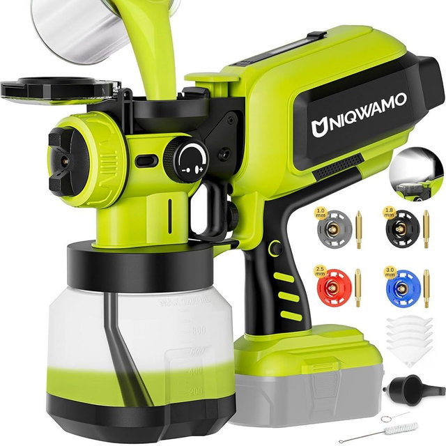 Paint Sprayer Cordless Compatible for Ryobi 18V Battery, 70000PRM Electric Paint Sprayer for Furniture Fence Cabinets Wall Deck House Painting, AUTO Spraying, 1200ml Container & 4 Nozzles (No Battery)