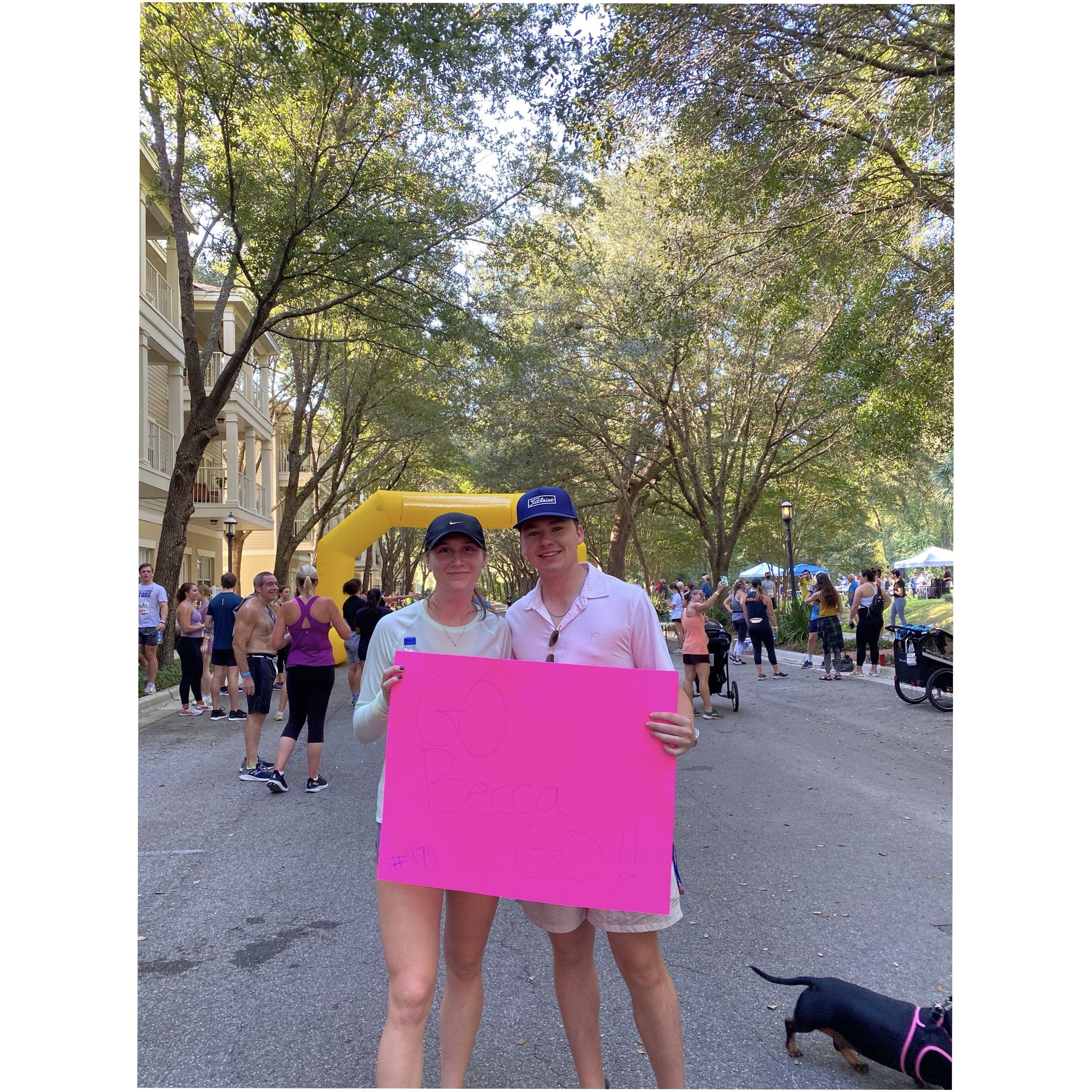Ben supporting Becca during her 5K race