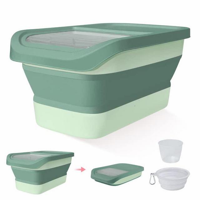 DDMOMMY Collapsible Dog Food Storage Container, 10-13 LB Large Pet Cat Food Containers Bin with Lids, Foldable Kitchen Cereal Rice Storage Bin with Measuring Cup and Silicone Bowl, Green