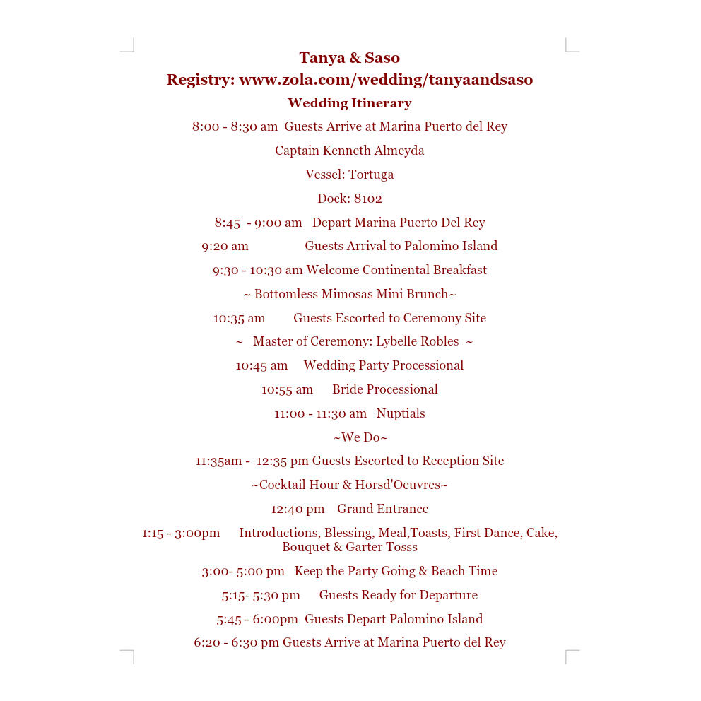 Wedding Itinerary