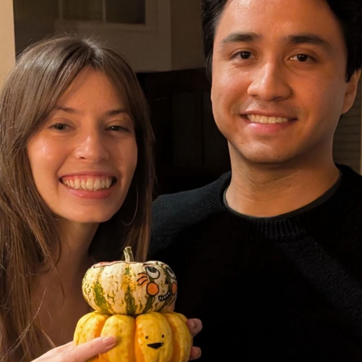 Diego is always a good sport about joining girls' craft night. Who painted which pumpkin?