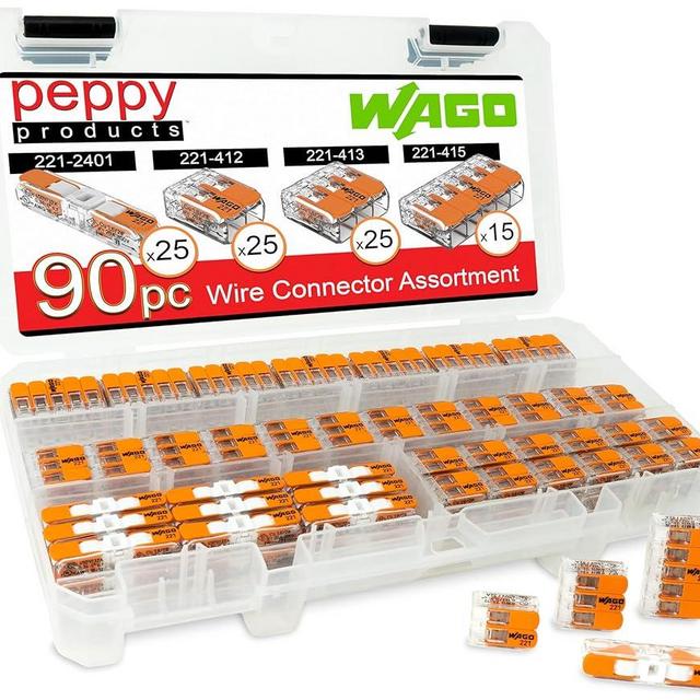 WAGO 221 Lever Nuts 90pc Compact Splicing Wire Connector Assortment with Case. Includes (25x) 221-2401, (25x) 221-412, (25x) 221-413, (15x) 221-415
