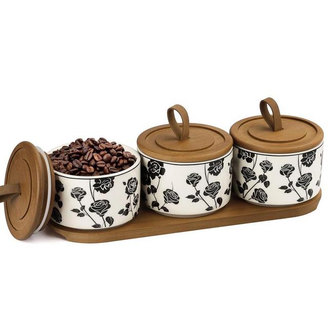 YUNLINLI Canisters Sets for The Kitchen, Airtight Kitchen Canisters for Countertop, Black Rose Ceramic Jar with Solid Wood Lid for Coffee Sugar Spices Nuts (set of 3)
