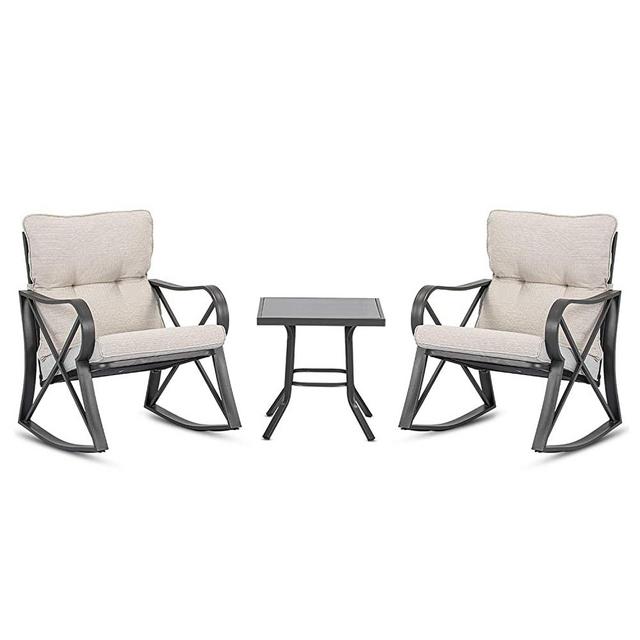 COSIEST 3 Piece Bistro Set Patio Rocking Chairs Outdoor Furniture w Beige Cushions, Glass-Top Table for Garden, Pool, Backyard