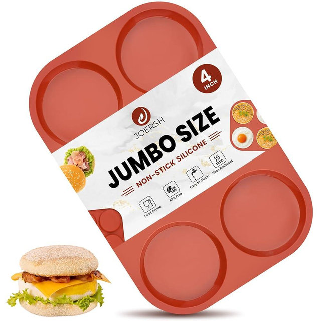 JOERSH Silicone Egg Mold for Breakfast Sandwiches 4" Jumbo Size Muffin Top Pan, Non-Stick Round Silicone Molds for Baking Hamburger Bun, Eggs and More