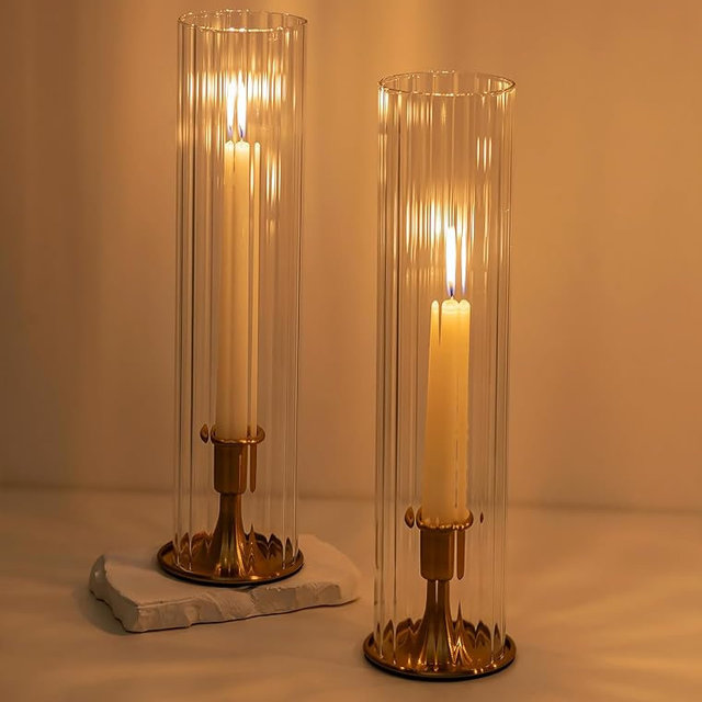Romadedi Hurricane Glass Candle Holder: Set of 2 Gold Taper Candle Sticks Holder with Ribbed Cylinder Cover & Weighted Base for Coffee Table Centerpiece Christmas Wedding Outdoor Decor