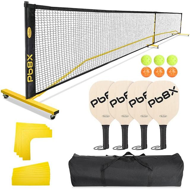 Deeliva Pickleball Set with Net Wheels for Driveway Portable Regulation Size Pickleball Net System with 4 Paddles, 6 Pickle Balls, Court Line Marker, Bag, Weather Resistant Metal Frame Outdoors