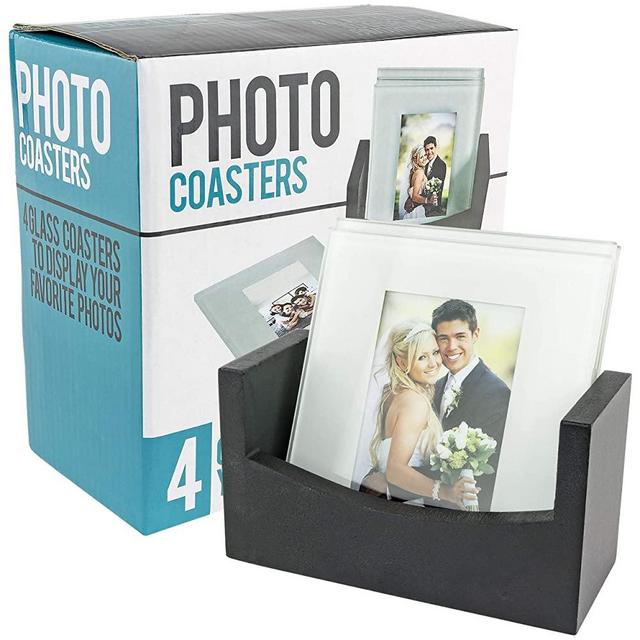 Southern Homewares Photo Coasters Set of 4 Wooden Rack Personalized Photo Gift Glass Picture Coasters Customizable Wedding
