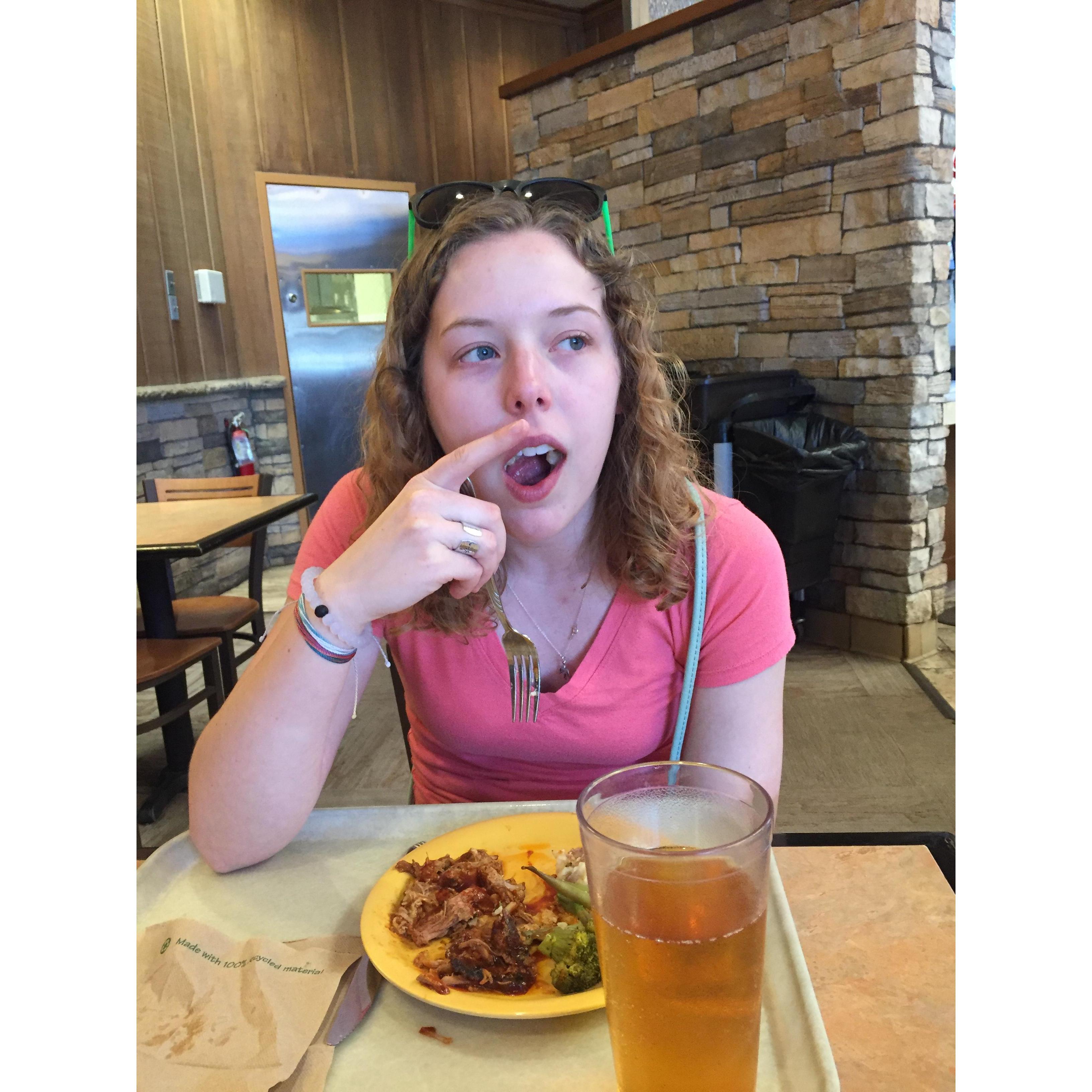 Chase took an unsuspecting photo at the Grand Canyon lodge for lunch...my food was too hot! Yes I have manners to keep my mouth closed while at a meal.
