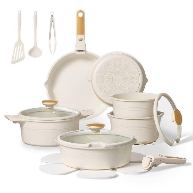 Carote 24pc Nonstick Cookware Set with Detachable Handle White