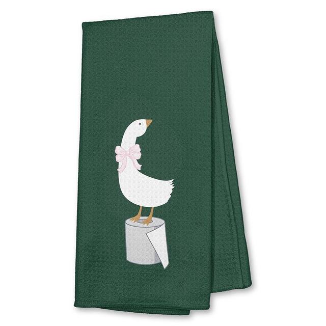 Xiyurlk Coquette Pink Bow Goose Bathroom Hand Towels, Dark Green Silly Goose Animal Hand Towels for Bathroom Washroom Restroom Decor, 16x24 Inch