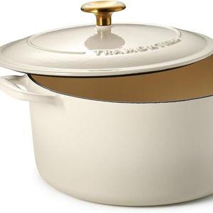 LATTE - 5 QT Tramontina Bestow Enameled Cast Iron Dutch Oven Pot with Lid, Round 5.5-quart, Latte with Gold Knob