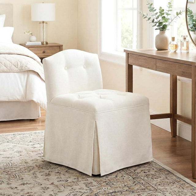 DM Furniture White Tufted Makeup Vanity Chair with Wheels, Small Upholstered Skirted Slipper Accent Chair with Low Back & Metal Legs, Armless Rolling Vanity Stool Desk Chair for Living Room Bedroom