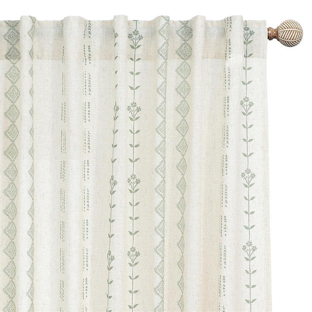 Sliding Door Curtains 2 Panel Sets for Patio,Boho Patterned Sheer Green Striped Curtains 96 Inches Long