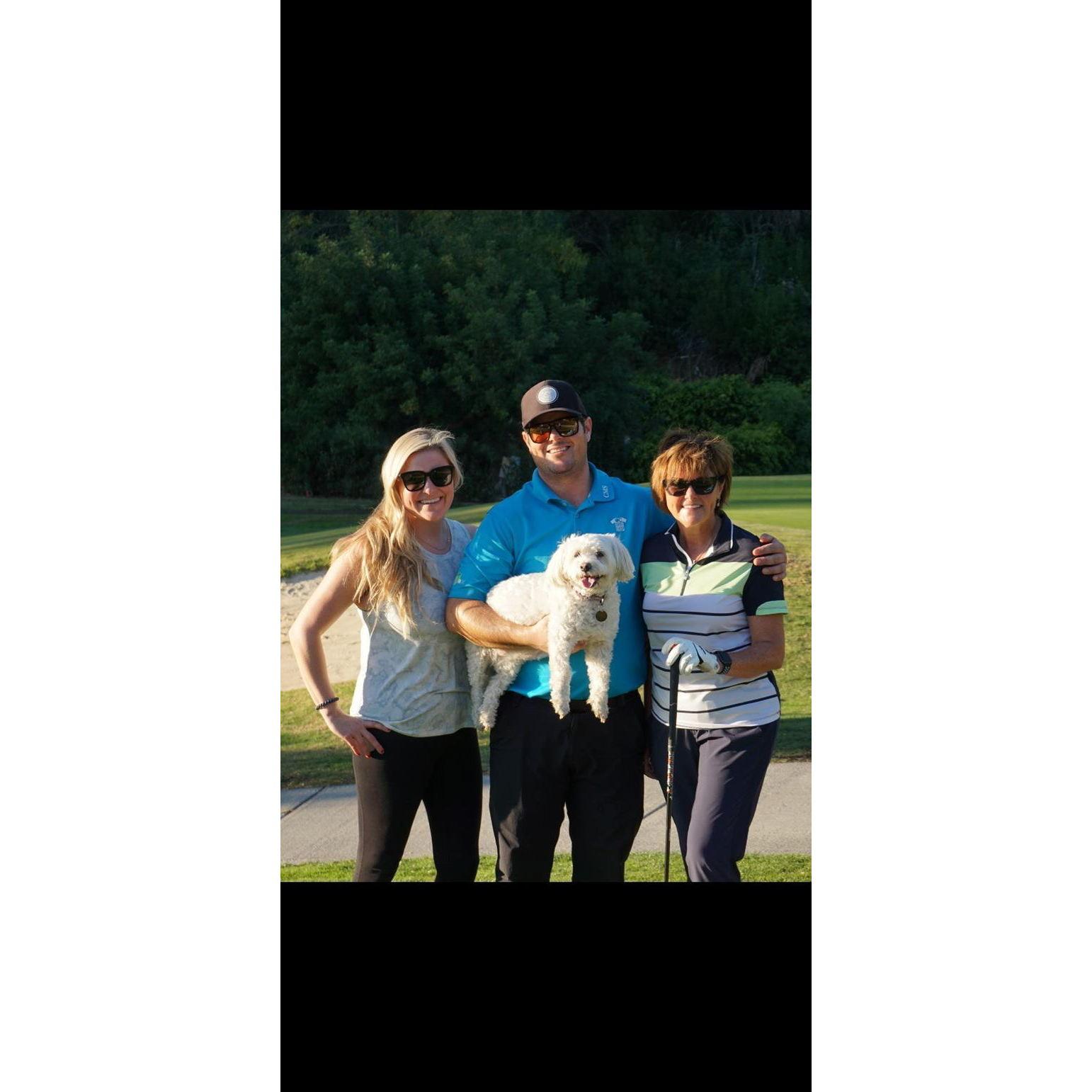 Golfing with Barbara (mother of the groom) and Piper (ring bearer) at Friendly Hills Country Club Jan 2021