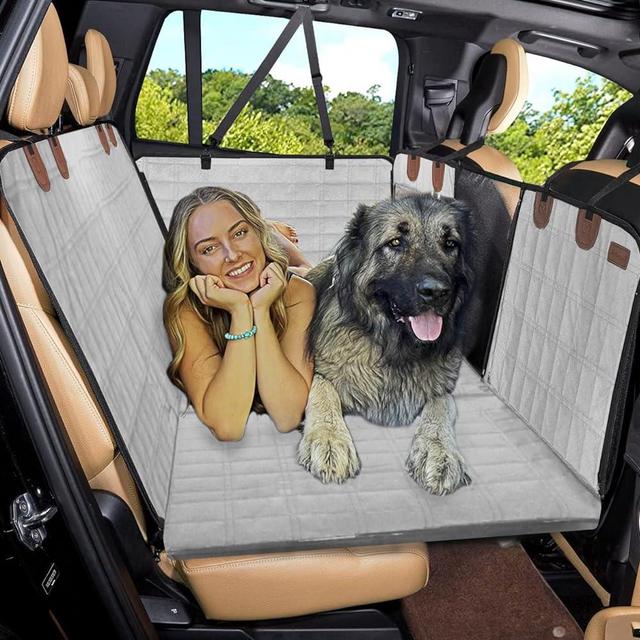 Backseat Extender for Dogs - Waterproof Back Seat Bridge for Cars, Trucks, SUVs and Sedans - Seat Extender with Mesh Window and Storage Pockets - Dog Rear Car Seat Platform (Gray - with Door Covers)