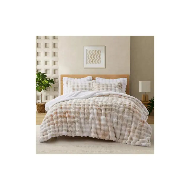 Peace Nest Dual-Side Fluffy Faux Rabbit Fur Comforter Set, Plush Fuzzy Bedding Set, Brown, Queen