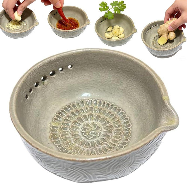 Handmade Pottery Garlic Grater Herb Stripper Bowl, 2-in-1 Ceramic Herb Stripper and Garlic Grater Bowl, Different Sizes of Round Holes, Kitchenware for Root Removal