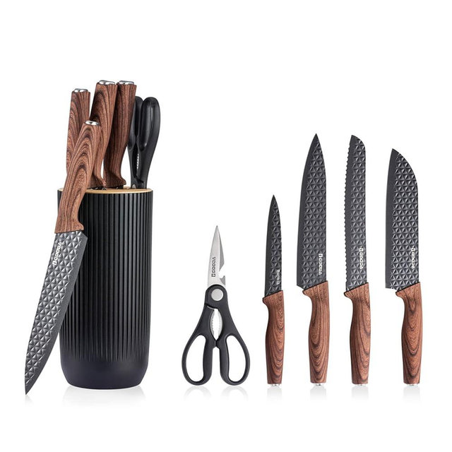 GOODA Kitchen Knife Set With Block,6-Piece Professional Chef Cooking Knives Set For Kitchen,Non-Stick Stainless Steel Knife Block Set (Black)