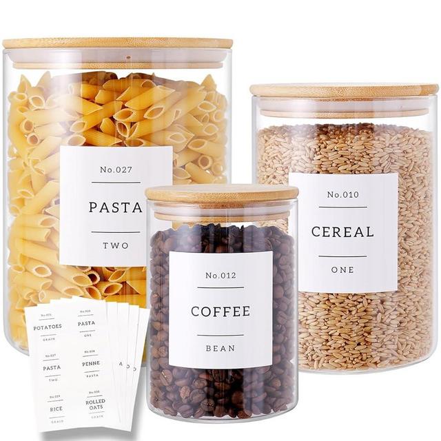 3 Pcs Glass Canisters with Airtight Bamboo Lids and 42 Kitchen Pantry Labels Preprinted - Clear Glass Flour and Sugar Storage Container Set - Large Glass Jars with Wood Lids(100 OZ/54 OZ/27 OZ)