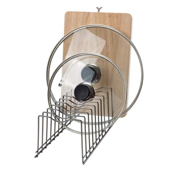 Slideep Pot Lid Organizer Rack, Kitchen Organizer for Plates, Cutting Boards Bakeware, Cooling, Pots, Pans, Serving Trays, Pan Lids Holder Rack Nickel