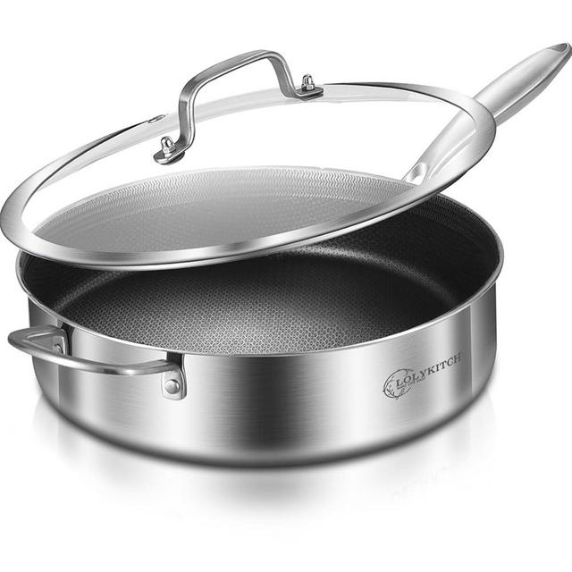 LOLYKITCH 6 QT Hybrid Tri-Ply Stainless Steel Non-Stick Sauté Pan with Lid,12 Inch Deep Frying Pan,Large Skillet,Jumbo Cooker,Induction Pan, Oven Safe and Detachable Handle.