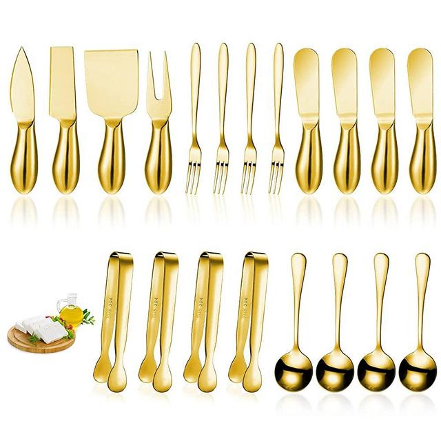 20 Pieces Spreader Knife Set Cheese Butter Spreader Knife Cheese Slicer Knife Stainless Steel Blade with Handles Mini Serving Tongs Spoons and Forks for Birthday Wedding Christmas (Golden)