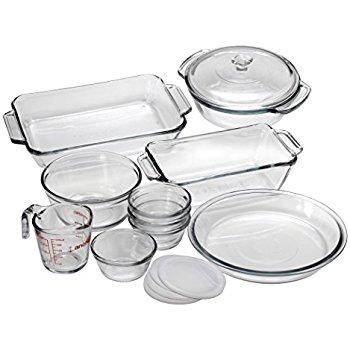 Anchor Hocking Oven Basics 15-Piece Glass Bakeware Set with Casserole Dish, Pie Plate, Measuring Cup, Mixing Bowl, and Custard Cups with Lids