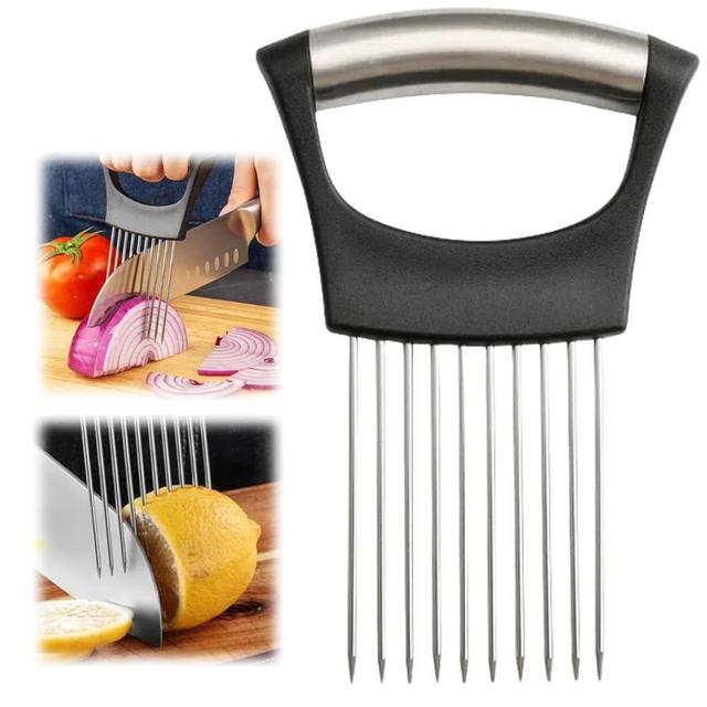 Stainless Steel Onion Slice Holder, Lemon Slicer Vegetable Cutter, Chopper Slicing Assistant Tool for Meat, Onion, Potato, Tomato Home Kitchen Tools (1 PCS)