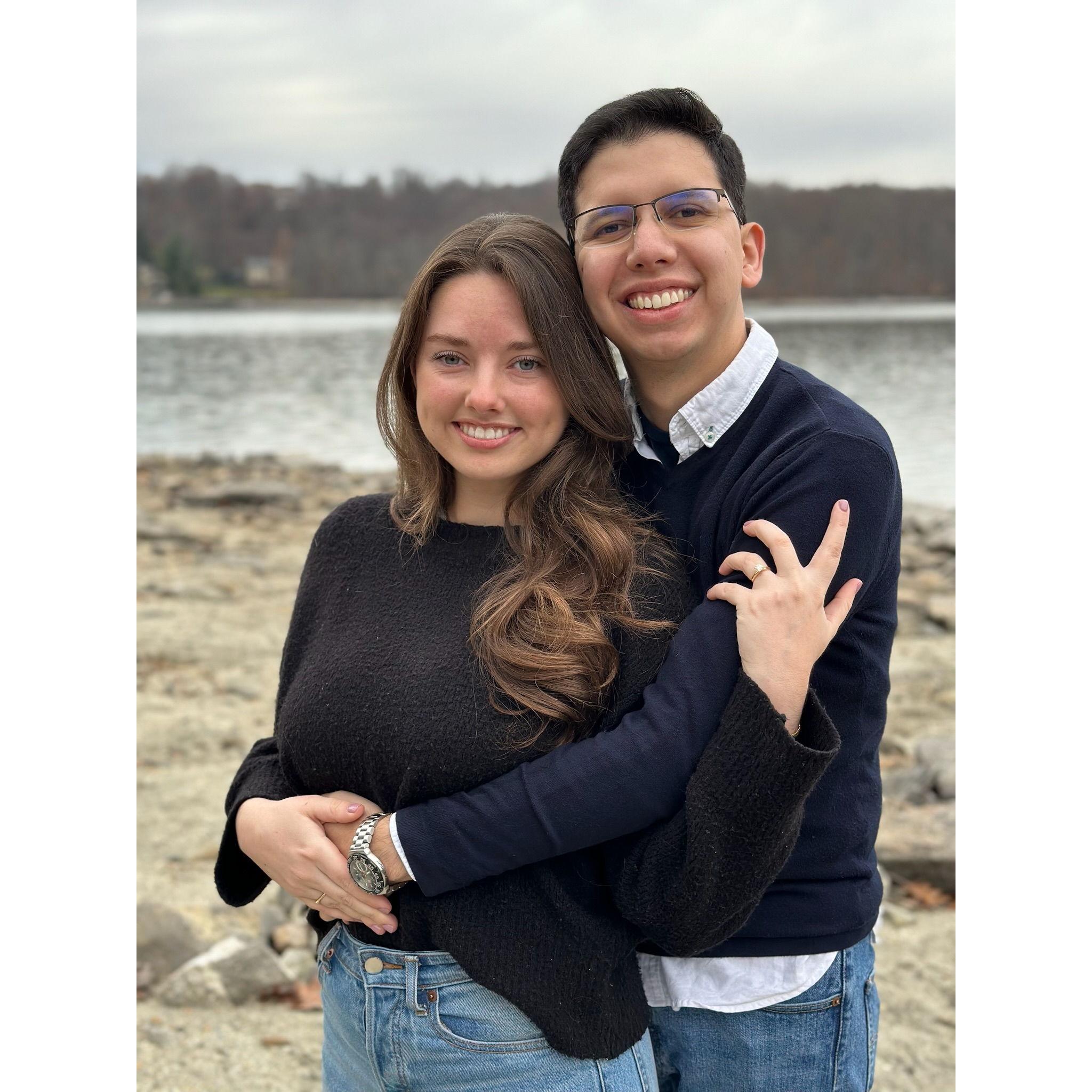 The proposal! Cesar proposed at Sam's parents' lake house in Mahopac, NY, on Thanksgiving weekend, 2022.