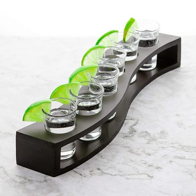 Shot Glass Set of 6 Glasses with Wood Layered Base Tray - 1oz/30ml Cool Shot glasses