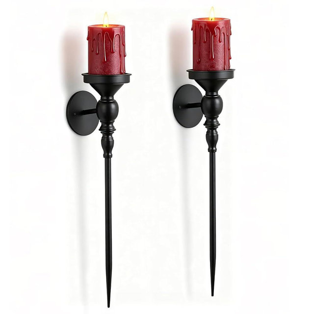 Walasis Gothic Wall Candle Holder Decor - 24.4 Inch Long Candle Sconces Set of 2 for Porch Hallway Entryway Beside TV Fireplace - Metal Black Wall Art for Bedroom Living Room