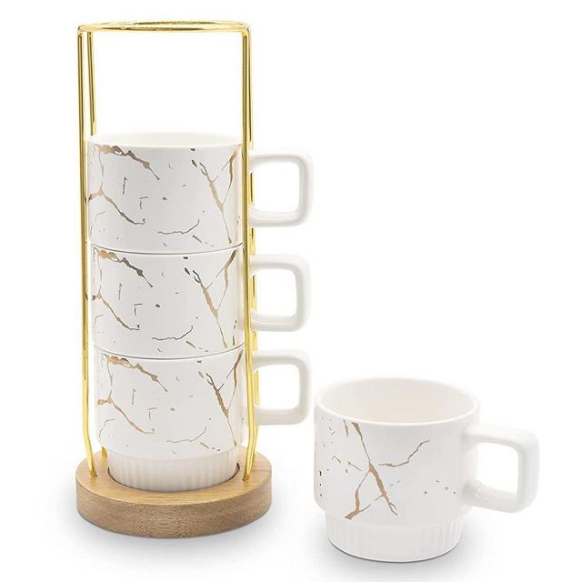 LURRIER Porcelain Large Stackable Coffee Mug Set with Rack and Wooden Base,Marble Pattern Hand-crafted Coffee Cup Set,11Oz for Coffee,Tea,Cocoa,Milk,Set of 4 (Elegant White)