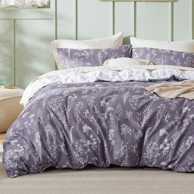Bedsure Duvet Cover King Size - Reversible Grayish Purple Duvet Cover Set with Zipper Closure, Cute Floral Bedding Comforter Cover, 3 Pieces, 1 Duvet Cover 104"x90" and 2 Pillow Shams 20"x36"
