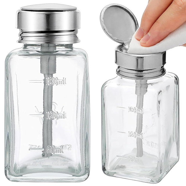 2 Pcs 6 Oz/ 180 ml Clear Pump Dispenser Bottle with Metal Flip Cover Glass Nail Polish Remover Push Down Dispenser Bottle Refillable Push Down Pump Dispenser Press Container for Makeup Remover