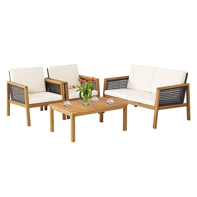 PATIOJOY 4 Pieces Outdoor Acacia Wood Furniture Set, Outdoor PE Wicker Conversation Set with Coffee Table and Soft Cushions, Outdoor Sofa Set for Garden, Poolside and Backyard (1, Off White)