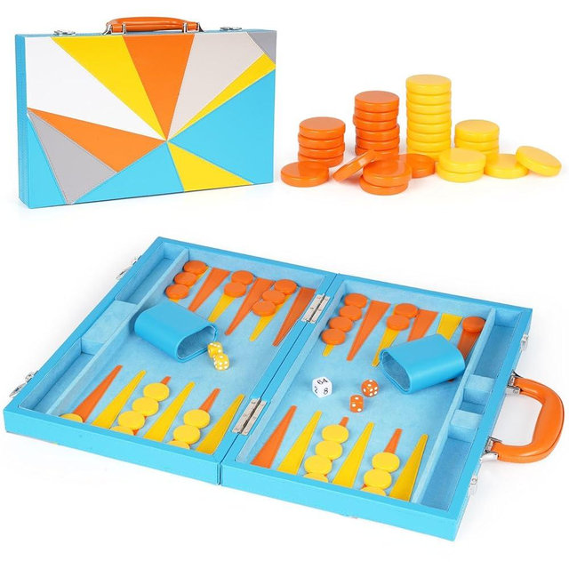 Backgammon Set, 15 Inches Classic Board Game with Leather Case, Geometric Leather Backgammon Game, Folding Portable Travel Strategy Backgammon Game Set for Adults