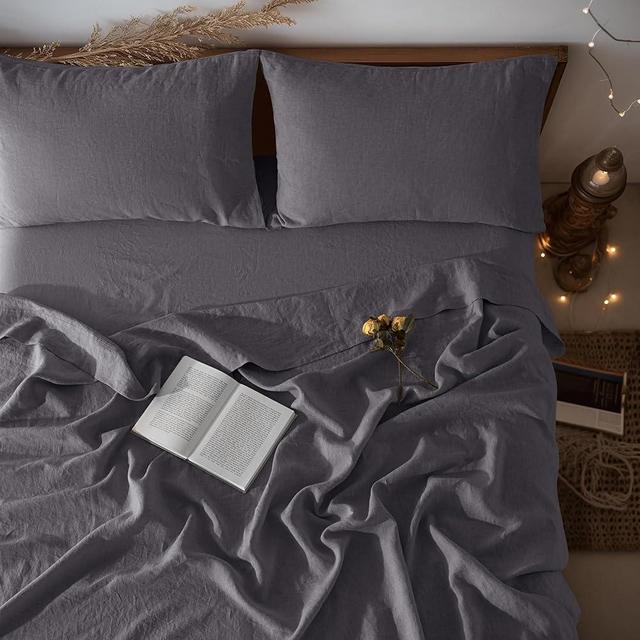 LBR02M 100% Linen Sheet Set King Size,Bed Sheets 4 Piece Sets,Solid Color Natural Flax Bed Sheets Soft Breathable Bedding,16 inches Deep Pocket,All Season (Dark Grey)