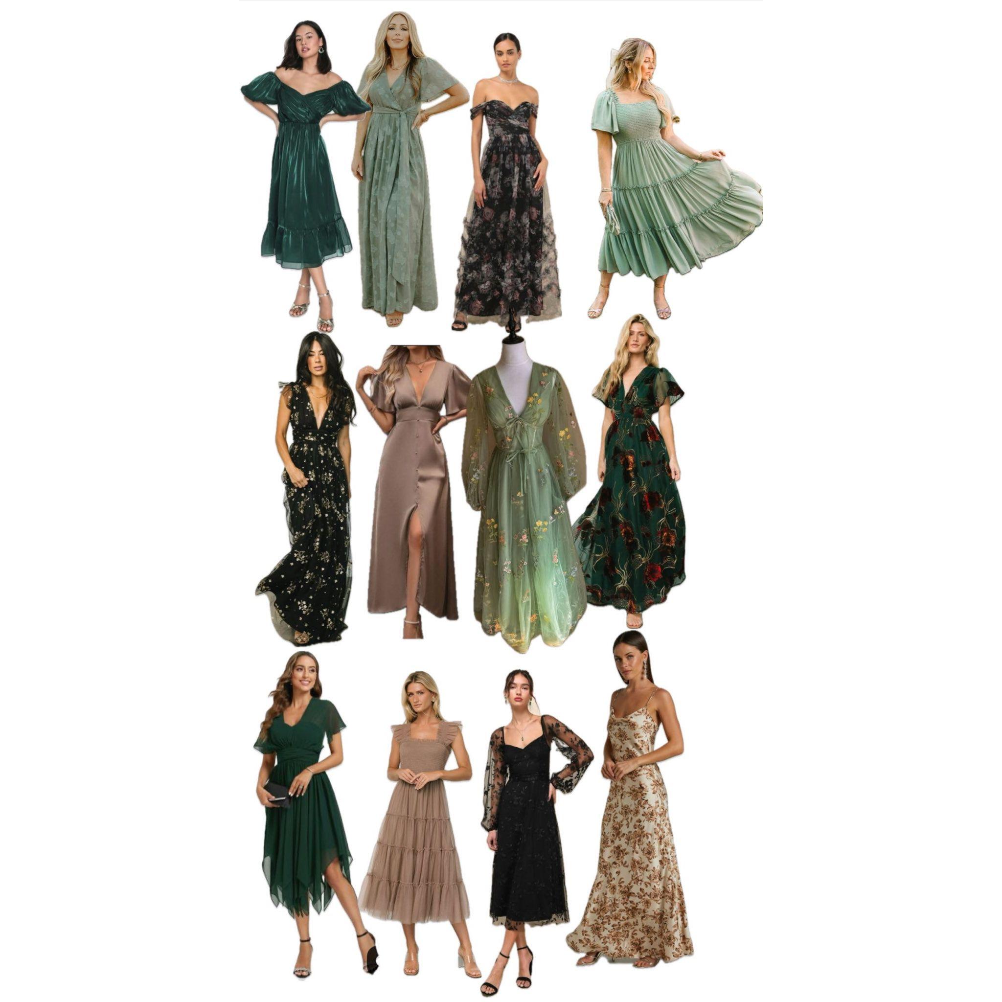 Women – Flowy, romantic dresses mixing medieval charm with modern style — earthy tones, puff sleeves, and florals meet sleek cuts, satin, and trendy shapes for a whimsical, fairy-tale wedding vibe.