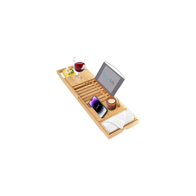 SereneLife Luxury Bamboo Bathtub Caddy Tray - Adjustable Natural Wood Bathtub Organizer with Glass Holder, Soap Dish, & Phone Slot