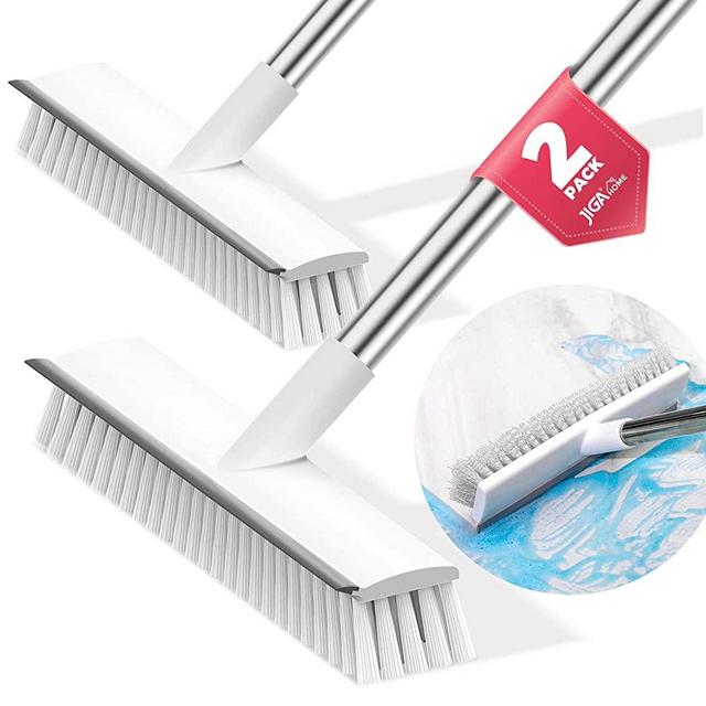 JIGA 2 Pack Floor Scrub Brush with Long Handle, Stiff Bristle Brush Scrubber, Cleaning Brush for Deck, Bathroom, Tub, Tile, Grout, Kitchen, Swimming Pool, Patio, Garages, Gray
