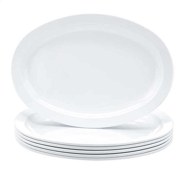 AmazonCommercial 13 in. x 9.75 in. White Melamine Oval Platter Narrow Rim - 6 Piece Set