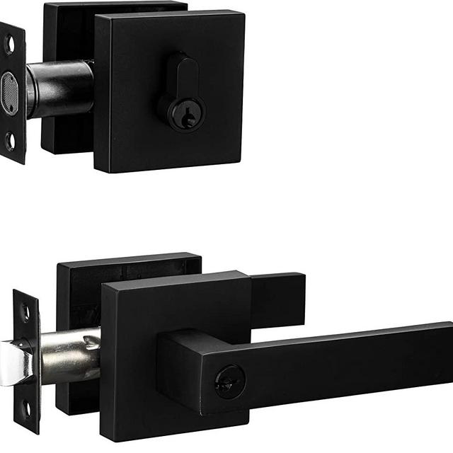 Berlin Modisch Contemporary Square Entry Lever Door Handle and Single Cylinder Deadbolt Locking Lever Handle Set [Front Door or Office] Right & Left Sided Doors Heavy Duty – Iron Black Finish