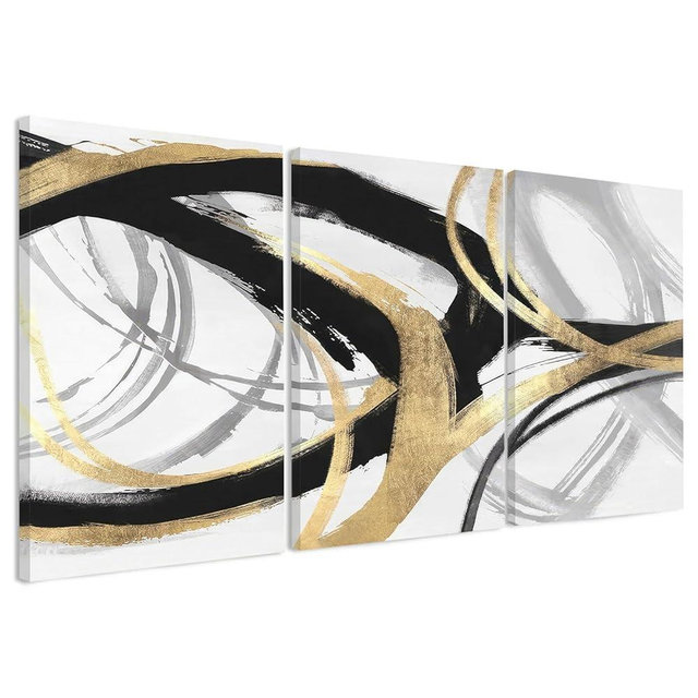 DUWQU 3 Piece Large Black and Gold Abstract Canvas Wall Art, Modern Black Gold and White Wall Decor, Spiral Brushstrokes Line Art Prints for Living Room Bedroom Office Home Decorations 20×30x3 In