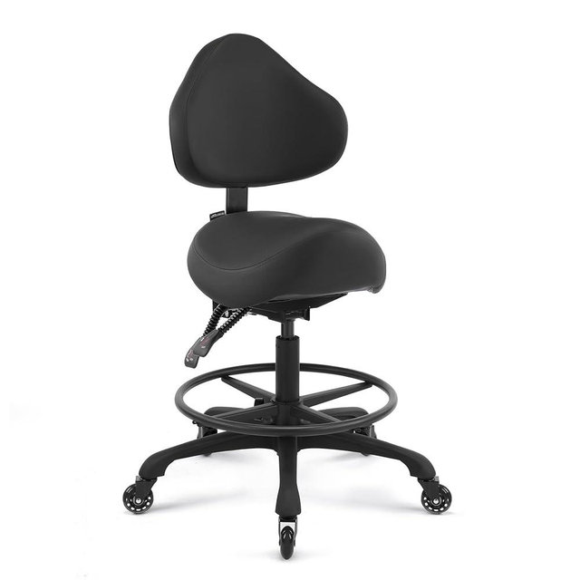 DR.LOMILOMI Pneumatic Swivel Rolling Ergonomic Saddle Chair with Backrest and Footrest for Beauty Salon, Hygienic Clinic, Spa, Massage, Home, Office - 510 KOA (Black, Footrest Add-on)