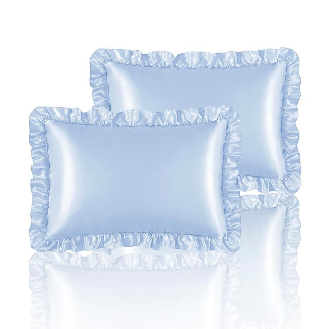 HommxJF Silky Satin Ruffled Pillow Cases for Hair and Skin,Light Blue Silk Pillowcases King Set of 2 with Envelope Closure Princess Room