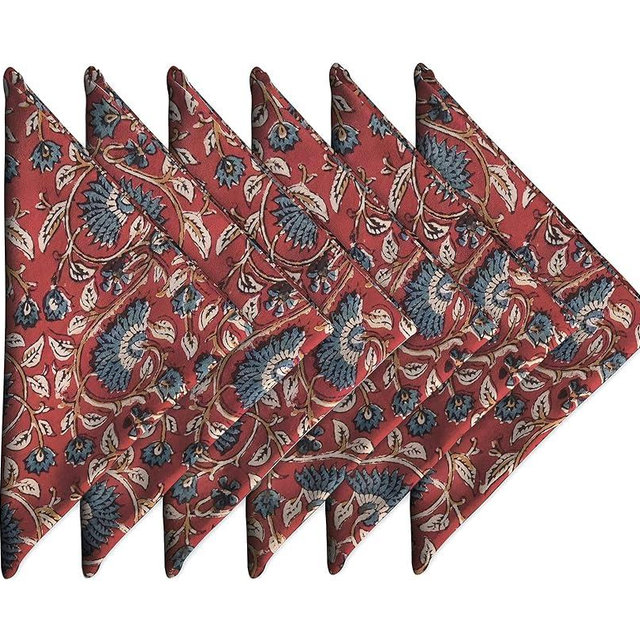 Cotton Dinner Napkins 18x18 inches - Washable Cloth Napkins Set of 6 - Everyday Use or Dinner Party and Events - Red Blue Lightweight Indian Block Printed Soft Fabric by Craftbot
