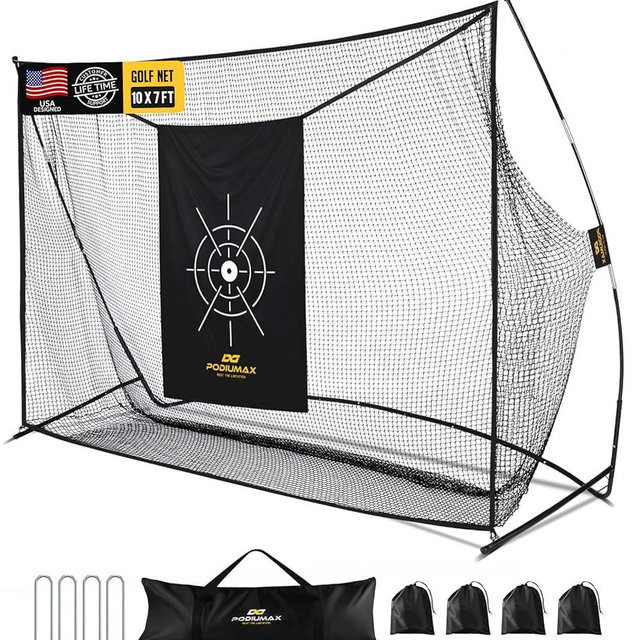 PodiuMax Golf Net, 10x7ft Golf Practice Net with Noise Reduce Silk Target Driving Real Balls, Hitting Nets for Backyard Garage, Improve Chipping Putting Pitching, Gift for Men & Golfers