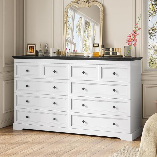 HAUOMS 10 Drawers Dresser, Large Chest of Drawers, 55" Long TV Stand Dresser,Wide Dresser Storage Organizer for Bedroom, Living Room (55.1" W x 35.0" H x 15.8" D),Black & White